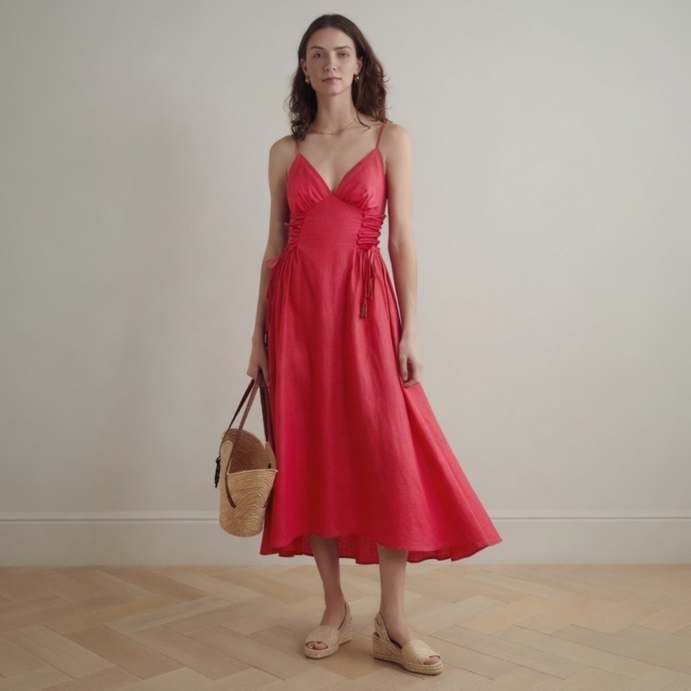 Farm Rio Red Tie Detailed Linen Blend Maxi Dress Lace Up Tassel Red Large